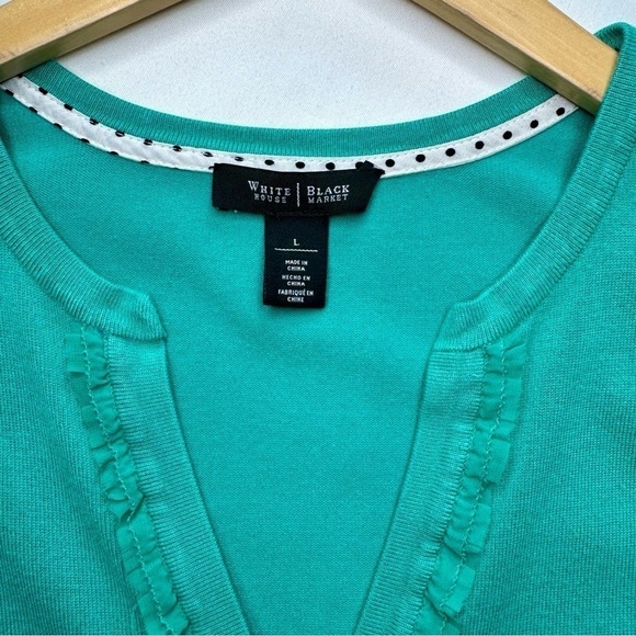 White House Black Market Green Snap Sweater Cardigan Ruffled Lace Trim Large - Picture 10 of 11